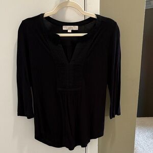 LOFT Black 3/4 Sleeve Pintuck V-Neck Blouse